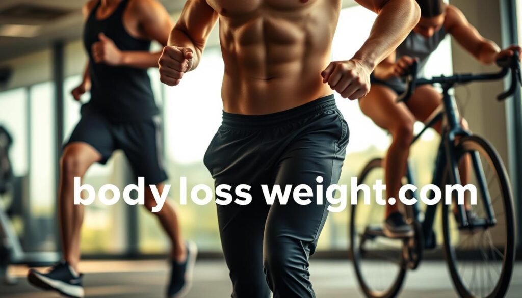 a close-up view of a person's torso and legs, with their arms visible, participating in various physical activities such as jogging, cycling, and weightlifting, surrounded by a soft, blurred background of a gym or outdoor landscape. The lighting is warm and natural, highlighting the person's muscular build and the benefits of an active lifestyle. In the foreground, the words "bodylossweight.com" are subtly incorporated into the scene, emphasizing the connection between physical activity and weight loss.