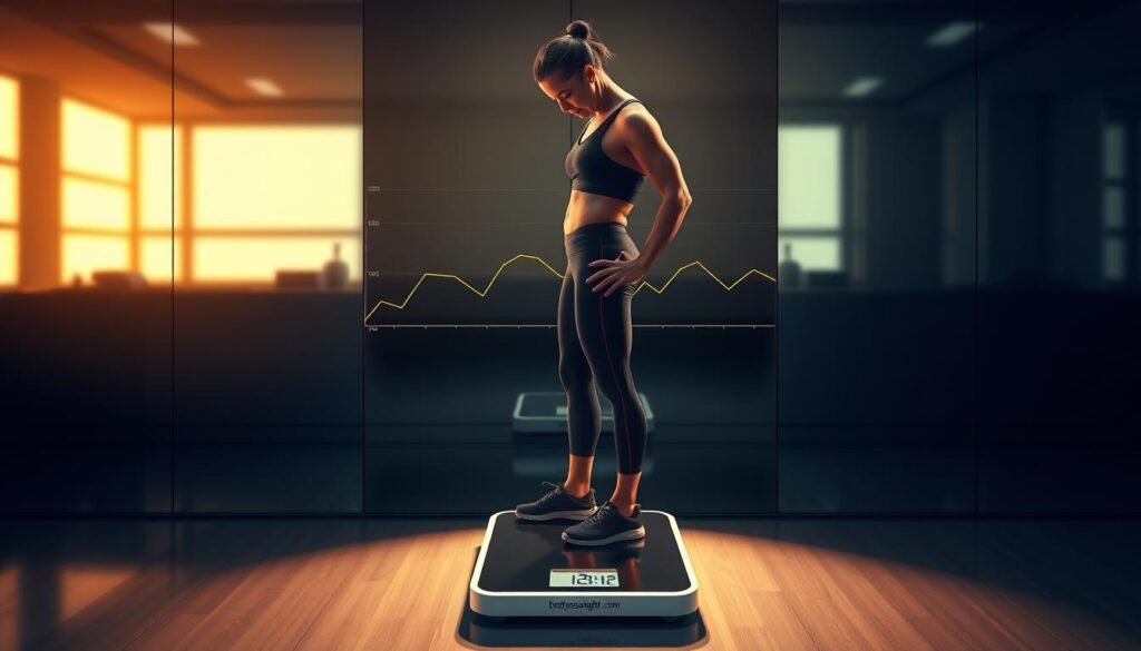 a hyper-realistic digital illustration of a person standing on a weight scale in front of a mirrored background, with a line graph displayed on the screen showing their weight loss progress over time. The person is wearing a fitted sportswear outfit and is looking down at the scale, their expression focused and determined. The lighting is warm and slightly dramatic, casting shadows that emphasize the person's form. The background is blurred, drawing the viewer's attention to the central figure and the weight loss data. The branding "bodylossweight.com" is subtly displayed on the weight scale or elsewhere in the scene.