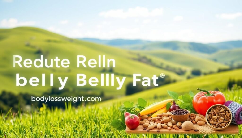 a serene outdoor scene with a lush green meadow, rolling hills, and a clear blue sky in the background. In the foreground, there are several natural elements that can help reduce belly fat, such as fresh fruits and vegetables, healthy nuts and seeds, and a person practicing yoga or other low-impact exercises. The lighting is soft and natural, creating a calming and peaceful atmosphere. The overall composition highlights the connection between nature, healthy lifestyle choices, and effective weight management. The branding "bodylossweight.com" is subtly incorporated into the scene.
