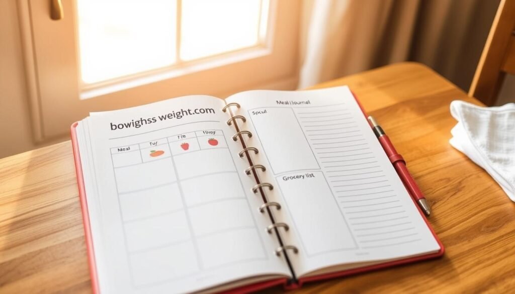 a weight loss journal open on a wooden table, displaying a meal planning layout with healthy food icons, meal schedule, and a grocery list. The journal pages have a clean, minimalist design with the "bodylossweight.com" logo subtly incorporated. Warm, natural lighting from a window casts a soft glow, creating a calming, focused atmosphere. The layout is organized and inviting, reflecting the journal's purpose of tracking progress and planning nutritious meals for weight loss.