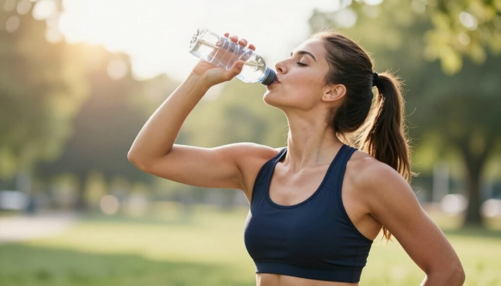 Active person drinking from SLIMCRYSTAL bottle during outdoor exercise showing energy and vitality