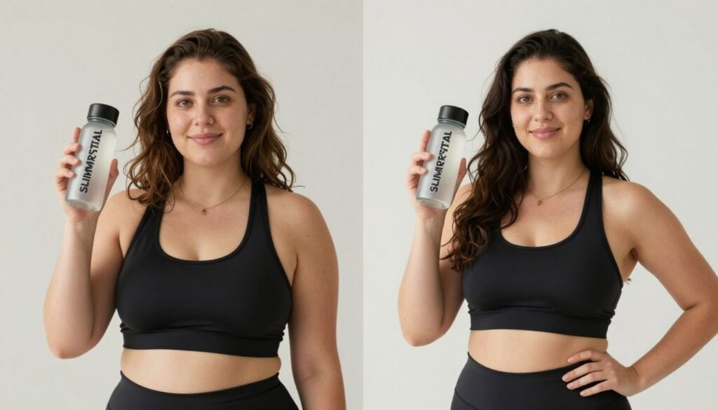 Before and after comparison showing woman with SLIMCRYSTAL bottle achieving weight loss goals