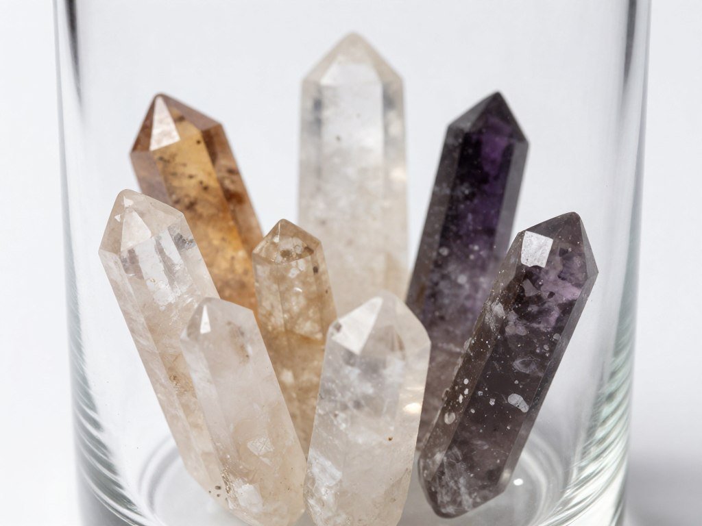 Close-up of nine natural crystals inside SLIMCRYSTAL bottle showing crystal arrangement