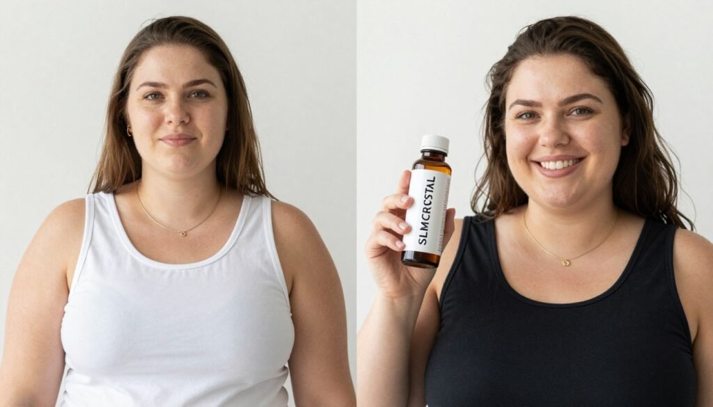 Happy customer holding SLIMCRYSTAL bottle celebrating successful weight loss transformation