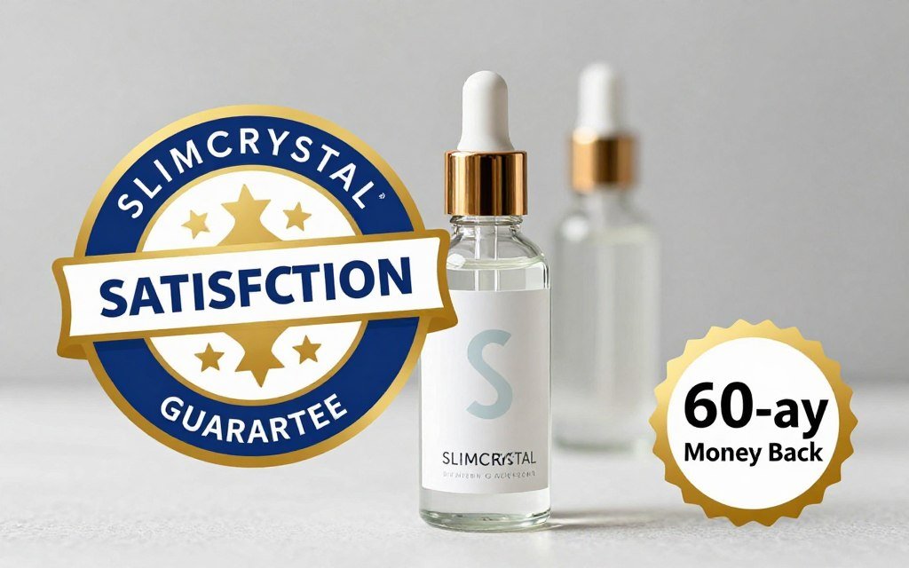 Satisfaction guarantee badge with SLIMCRYSTAL bottle showing confidence in product quality