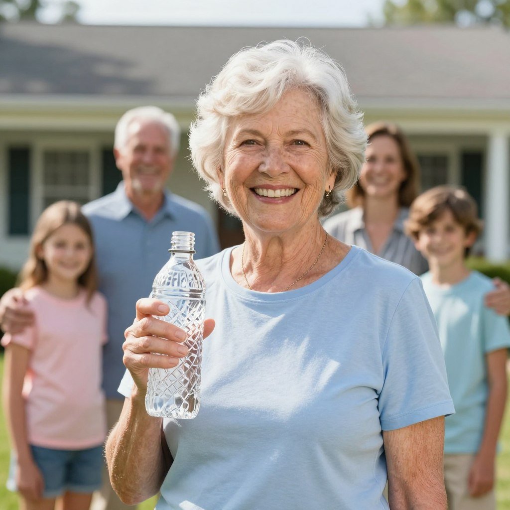 Senior woman in her late 70s with SLIMCRYSTAL bottle looking vibrant and active with grandchildren