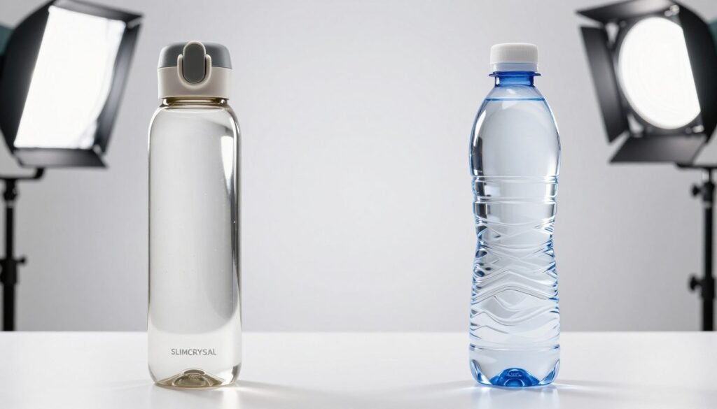 Side-by-side comparison of SLIMCRYSTAL bottle and regular water bottle highlighting unique crystal chamber