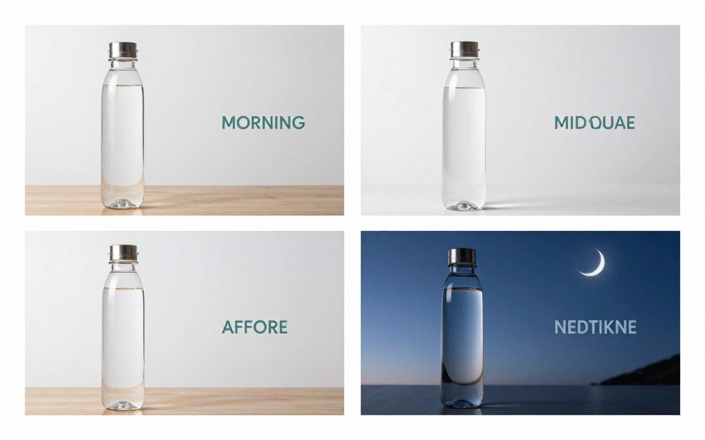 Step-by-step visual guide showing proper use of SLIMCRYSTAL bottle throughout the day