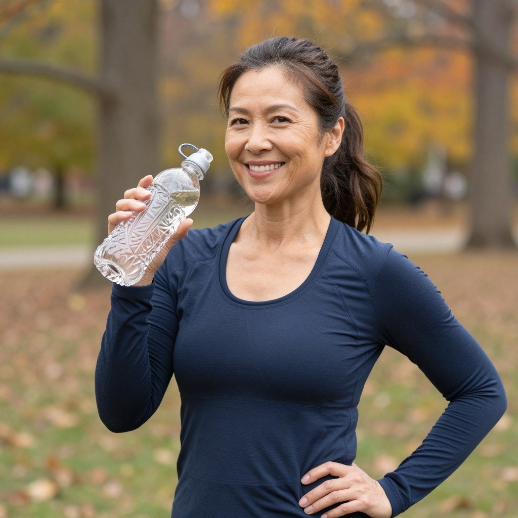Woman in her late 40s holding SLIMCRYSTAL bottle outdoors looking healthy and happy